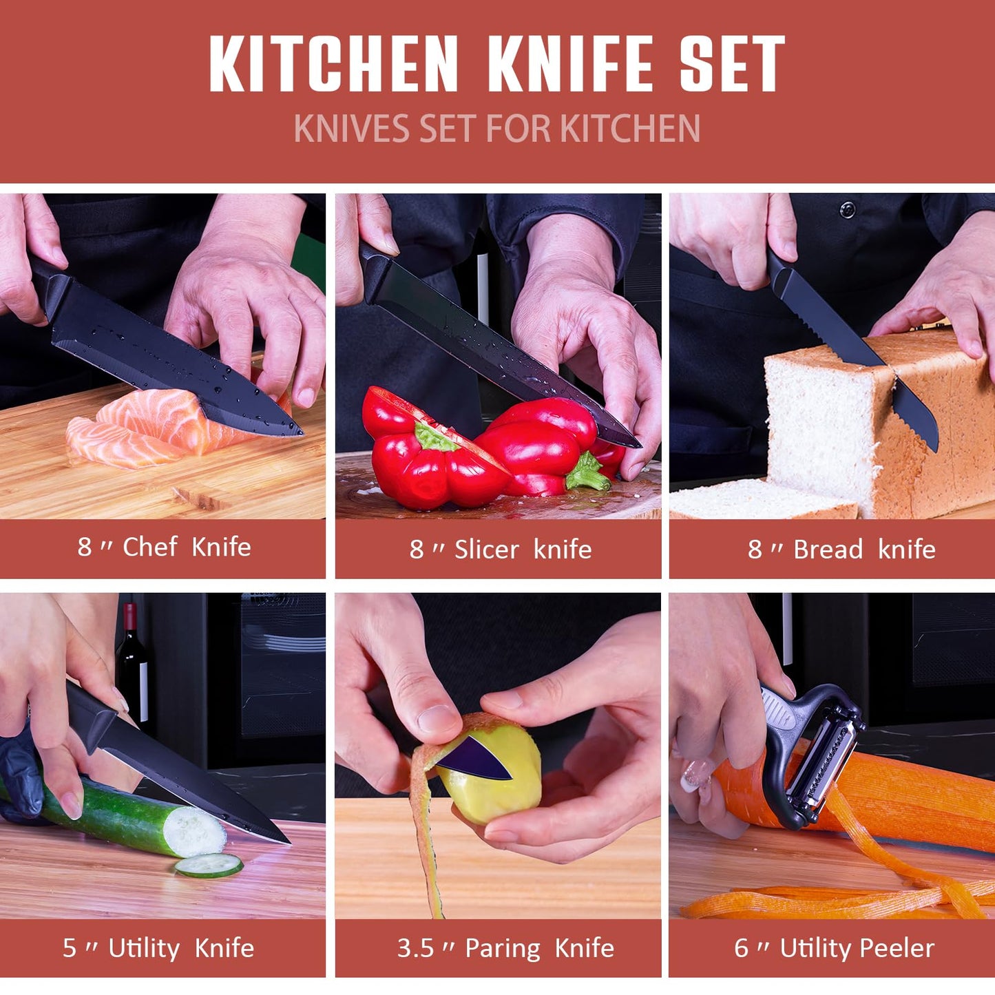 RAXCO Knife Set with Block,10-Piece Kitchen Knives Stainless Steel,Pro-Sharpened for Cooking,Slicing,Mincing,Dicing,Black