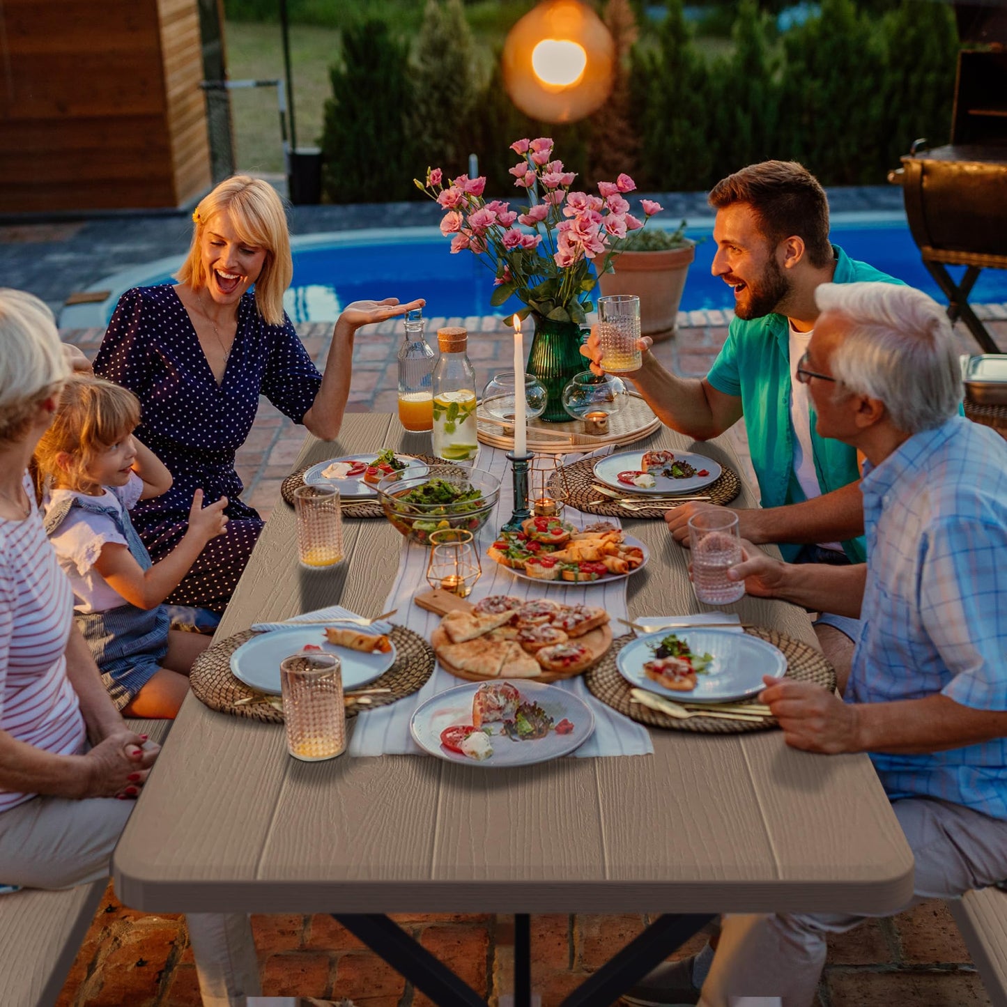 YITAHOME Picknicktisch für draußen, 1,80 m, mit holzähnlicher Tischplatte, stabilem Stahlrahmen und Schirmöffnung, robuster Picknicktisch, ideal für Garten, Terrasse, Rasenpartys, Hellbraun 