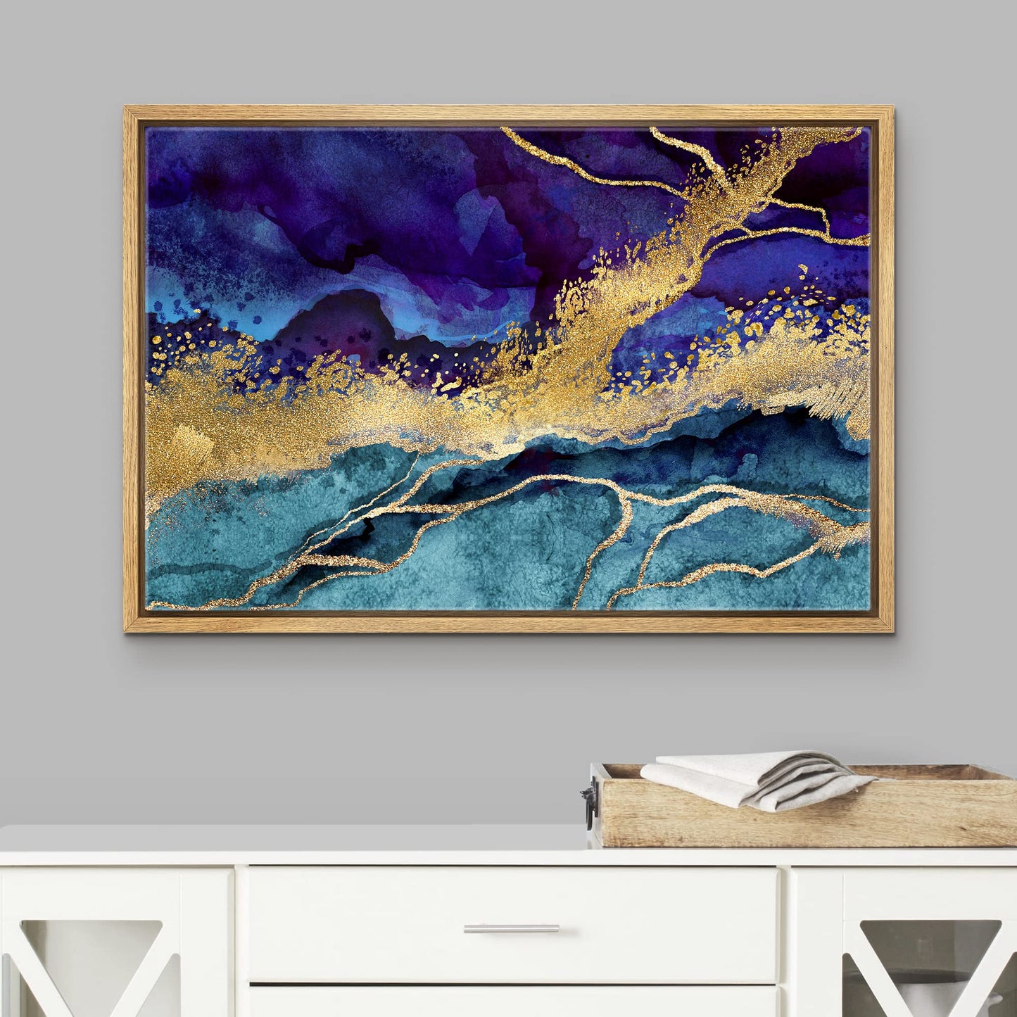 Impression sur toile encadrée wall26 Art mural Paysage en marbre violet, or et bleu sarcelle Formes abstraites Illustrations Moderne Chic Coloré Multicolore Ultra pour salon, chambre, bureau - 24x36 Naturel 