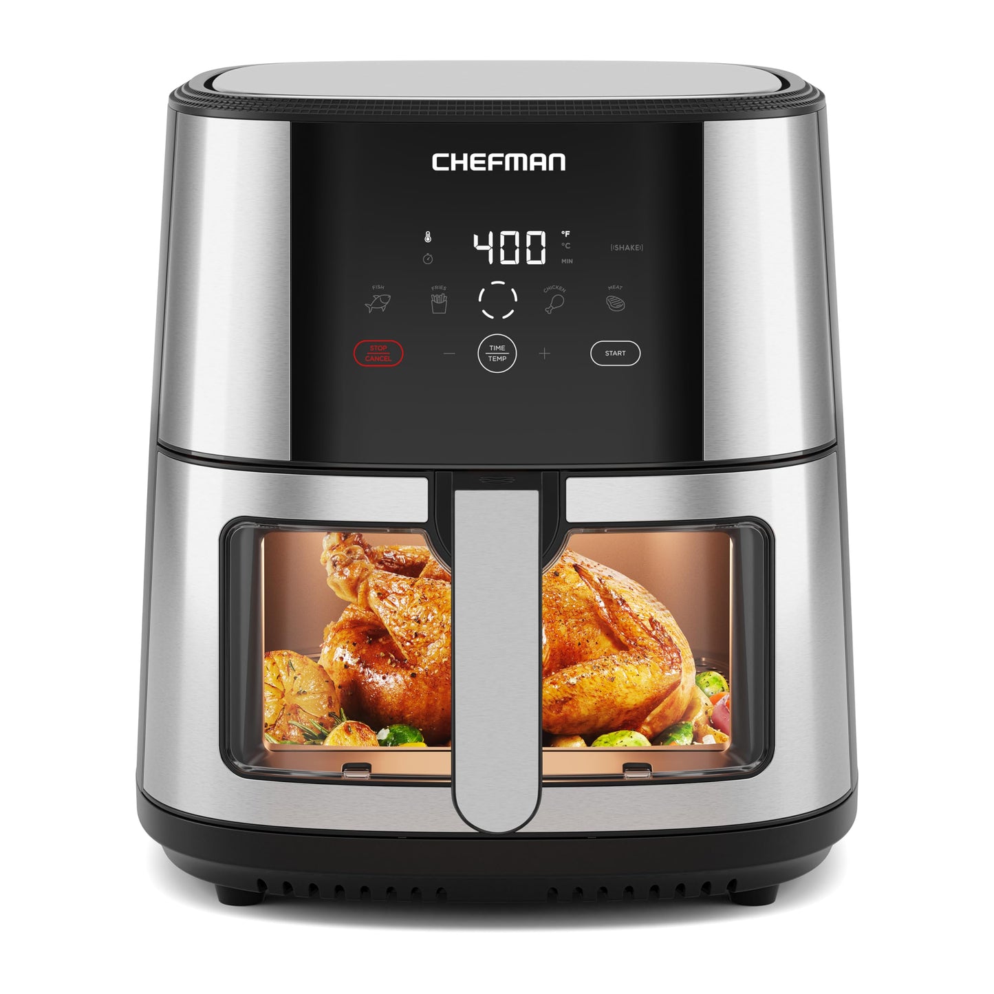 Chefman TurboFry® Touch Heißluftfritteuse, XL 8-Qt Familiengröße, digitale One-Touch-Voreinstellungen, Pommes Frites, Hähnchen, Fleisch, Fisch, antihaftbeschichtete, spülmaschinenfeste Teile, automatische Abschaltung, Edelstahl 