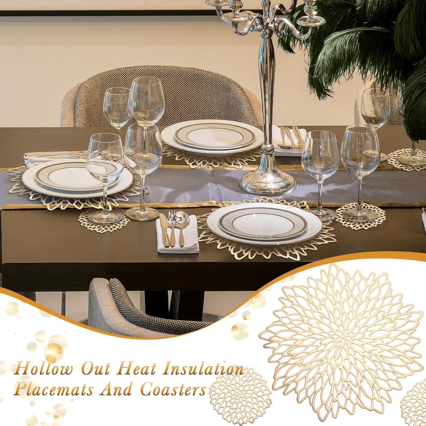 CHENGU 40 Pcs Round Pressed Vinyl Placemats Metallic Place Mat 40 Pcs Coaster Including Placemats and Coasters Non Slip Heat Resistant Washable Table Mats for Dining Table Kitchen Decoration (Gold)