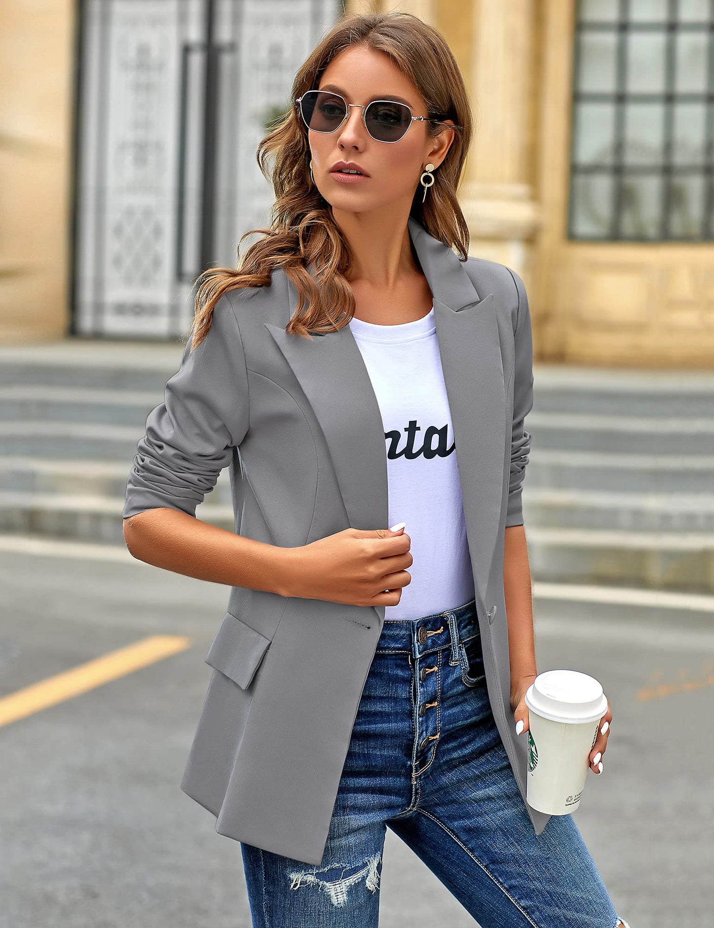 Veste de costume blazer de travail décontractée à poches ouvertes sur le devant pour femme GRAPENT 