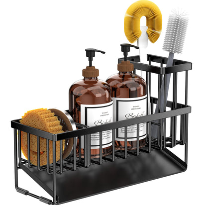 Kitchen Sink Caddy Organzier with High Brush Holder, Sponge Holder for Sink, 304 Rustproof Stainless, Kitchen Countertop Soap Dispenser Organizer, Kitchen Decor and Accessories