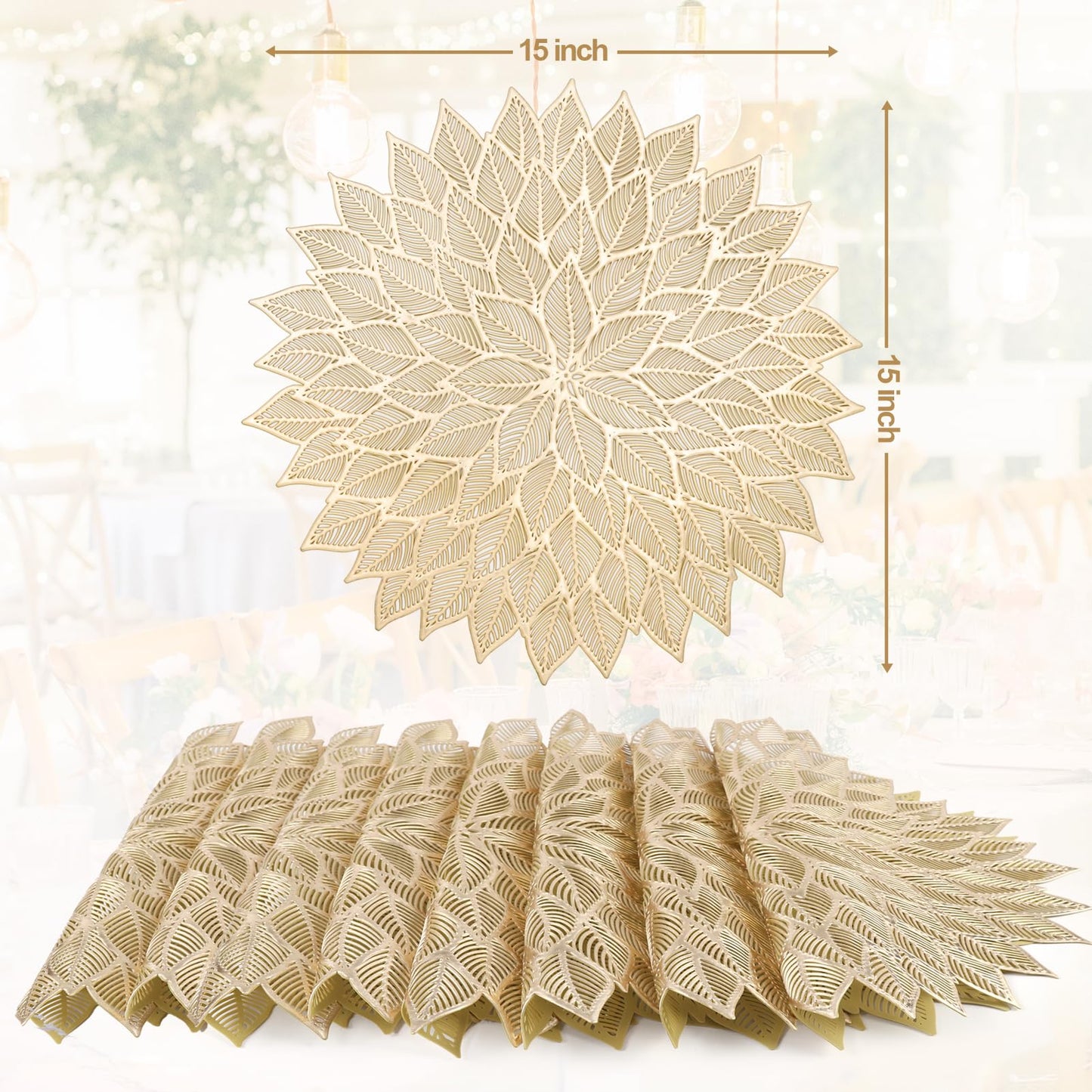 Placemats Set of 6, Round Hollow Out Flowers Place Mats for Dining Table Pressed Vinyl Blooming Leaf Table Mats for Holiday Party Wedding Accent Centerpiece Dinner Table Decoration (Gold)