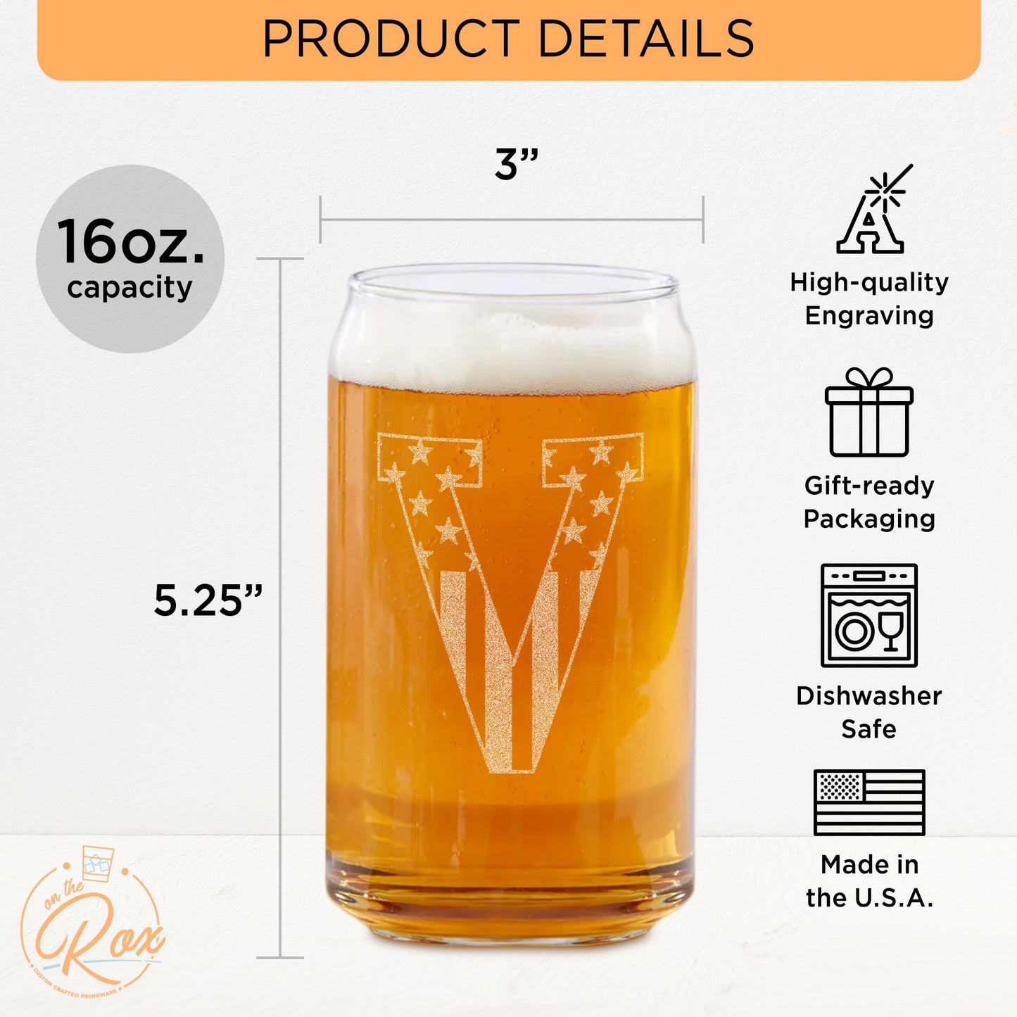 Monogram Beer Glasses for Men (A-Z) 16 oz - Engraved Beer Gifts for Men Brother Son Dad Neighbor - Unique Christmas Gifts for Him - Personalized Drinking Gift Beer Glass Mugs (J)