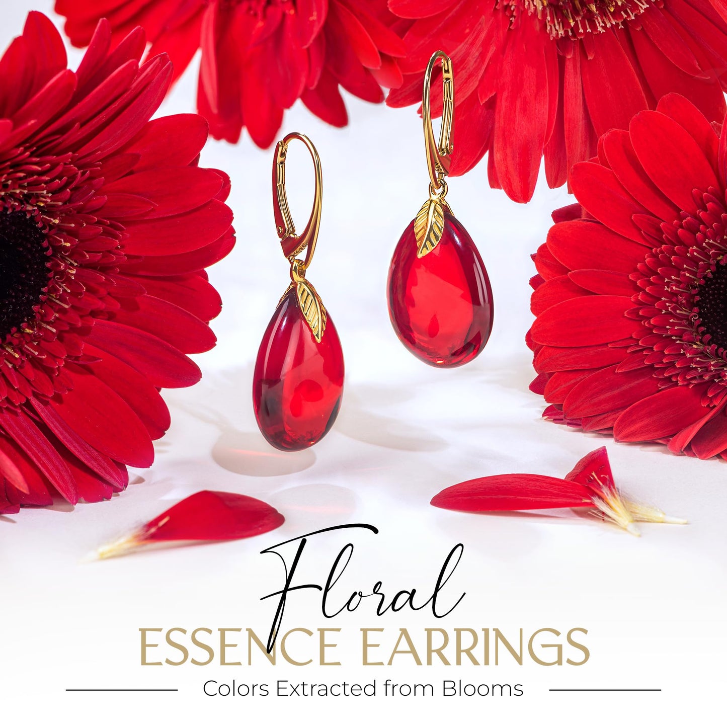 Red Earrings for Women - Gold Plated Silver Leaf Fitting and Closure, Lightweight Edgy Semi-Precious Stone Jewelry for Ladies, Garnet Red Amber Crystal Earrings