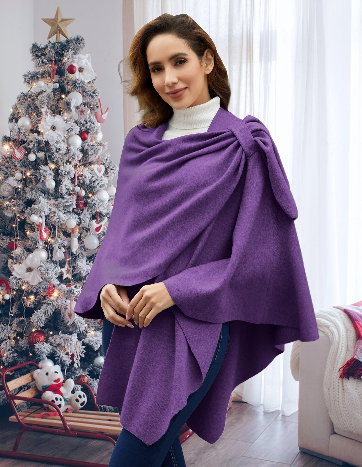 PULI Femmes Grand Poncho Croisé Sur Le Devant Pull Enveloppant Topper Tricoté Élégant Châles Cape pour l'Automne Hiver