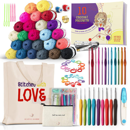 Crochet Kit for Beginners Adults and Kids, Knitting & Crochet Supplies Includes 1500 Yards Assorted Yarn