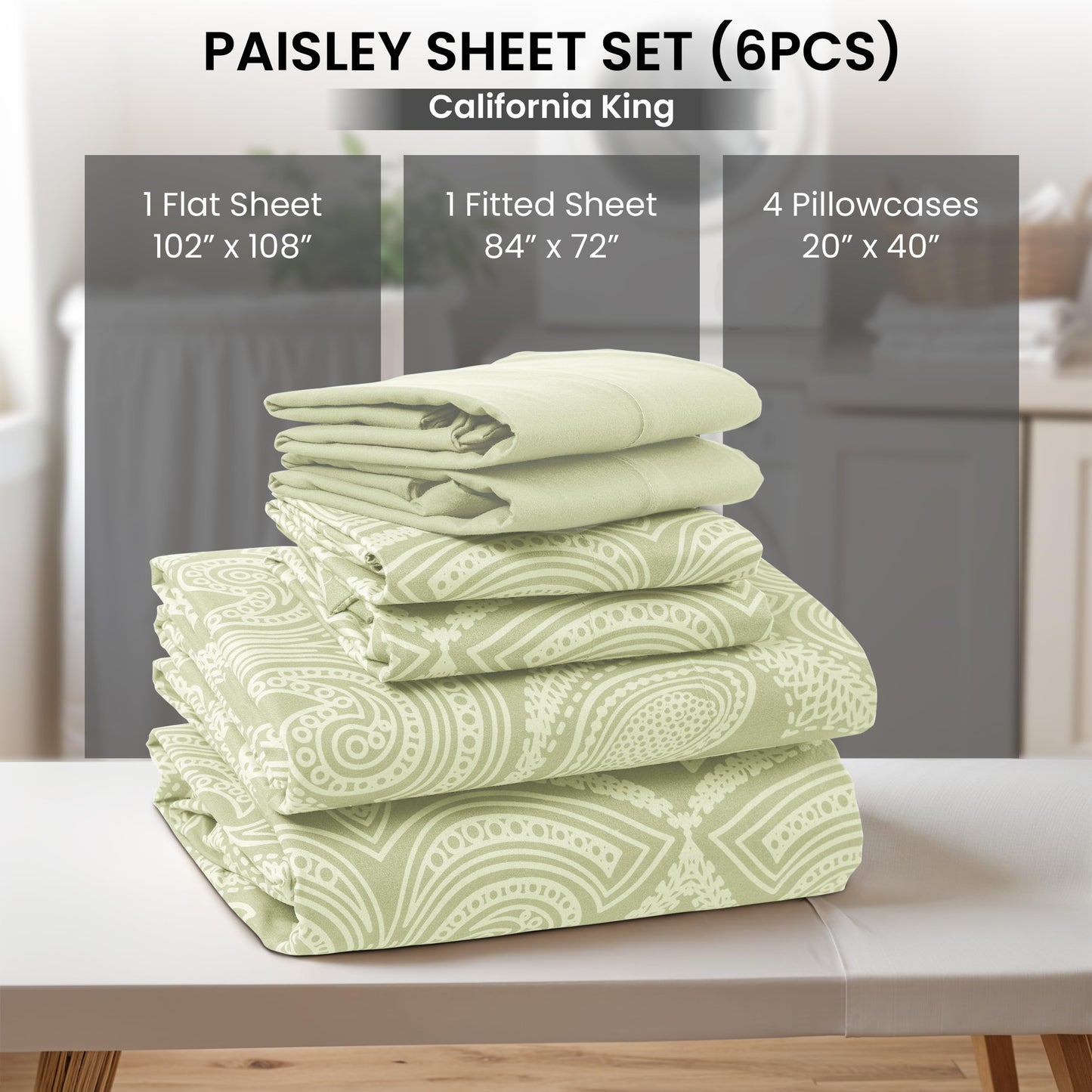 LUX Decor Paisley King Sheet Set, 6 PC Soft Microfiber Wrinkle Free Sheets - Luxurious Printed Bed Sheets Includes Flat Sheet, Fitted Sheet with Deep Pockets, & 4 Pillowcases - Taupe