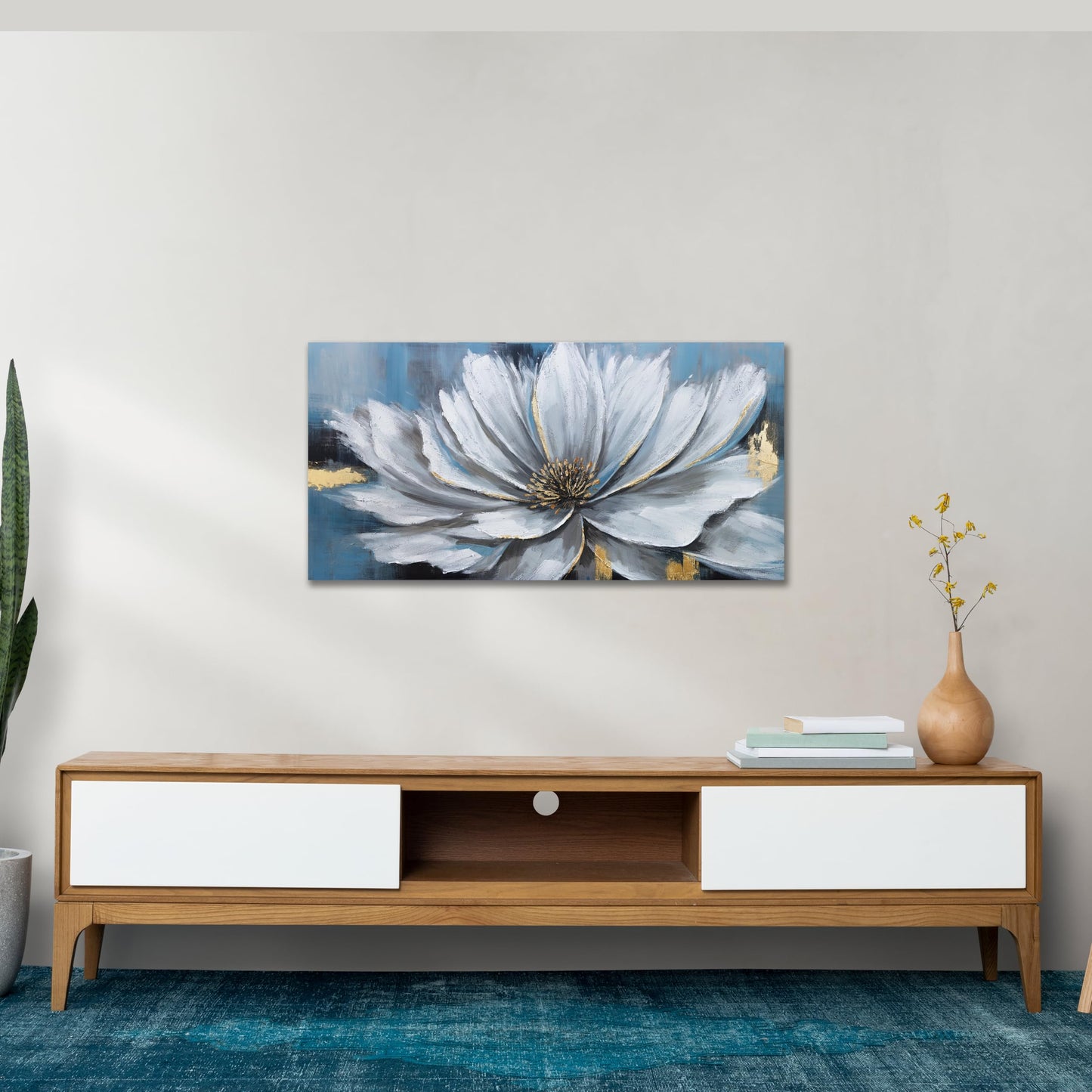 Yuaxker Blumen-Wandkunst, weißes und goldenes Blumengemälde auf Leinwand, moderne Kunst, Wanddekoration, botanisches Kunstwerk für Wohnzimmer, Schlafzimmer, Esszimmer, Büro, Heimdekoration, 50,8 x 101,6 cm