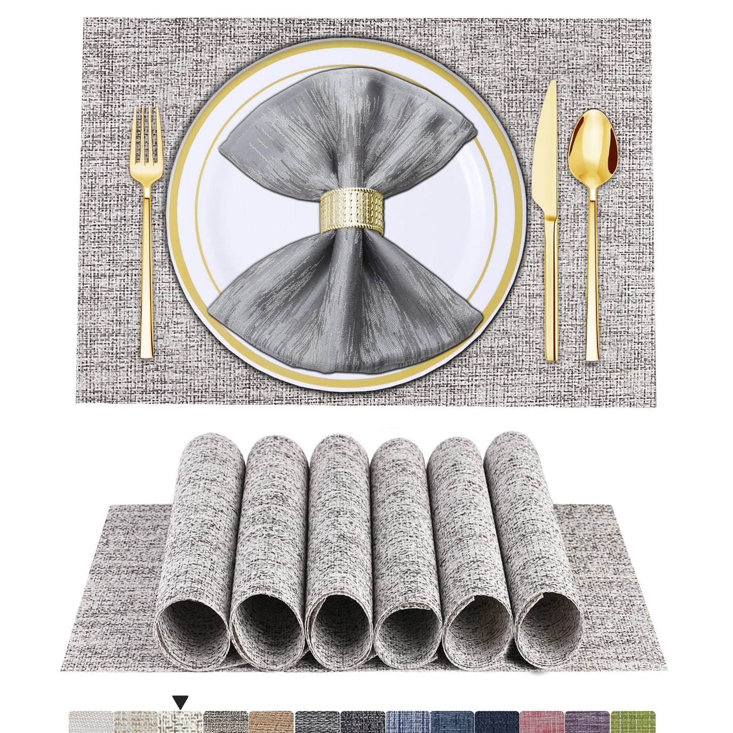 Lot de 6 sets de table en vinyle tissé pour table à manger, lavables et lavables, sets de table de cuisine durables pour intérieur et extérieur, 01 beige, 6 pièces 