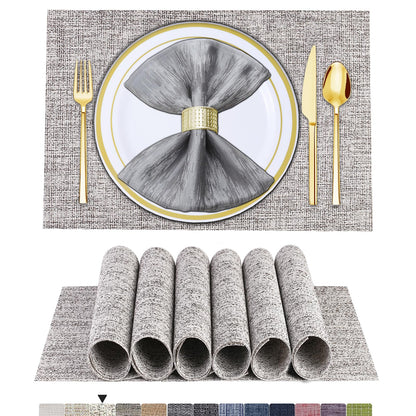 Set of 6 Placemats – Washable Woven Vinyl Table Mats for Dining, Kitchen, Indoor/Outdoor Use