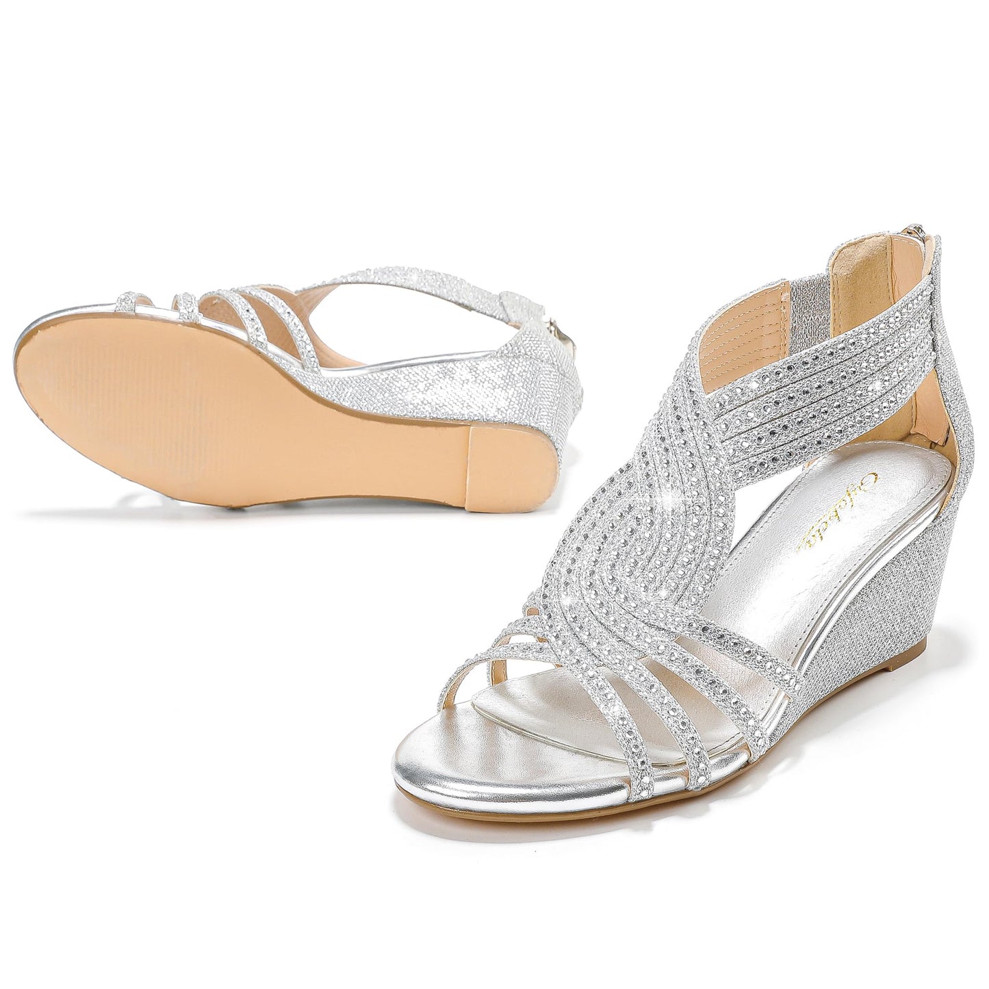 Damen Keilsandalen mit glitzernden Strasssteinen, offene Zehenpartie, modische, elegante Sandalen für Abendveranstaltungen, Hochzeiten und Abschlussbälle 