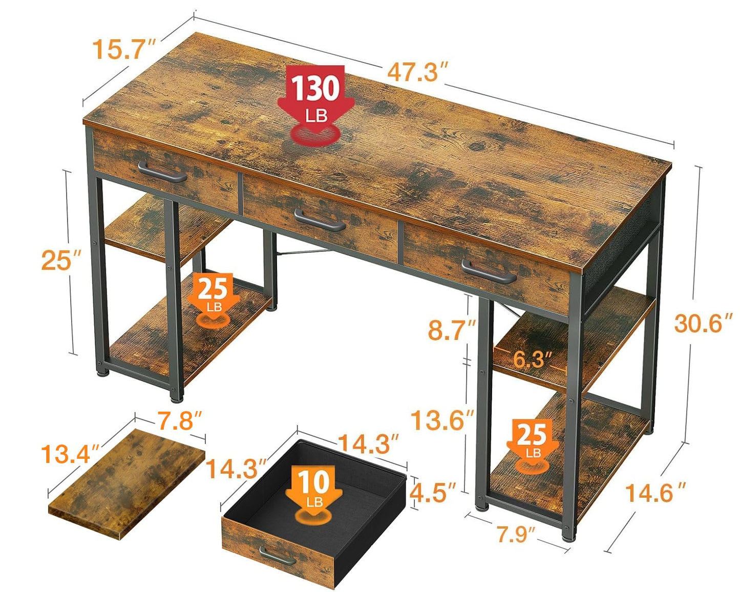 Bureau d'ordinateur de petite taille ODK : table de maison avec tiroirs en tissu et étagères de rangement, bureau d'écriture moderne, noir, 48"x16" 