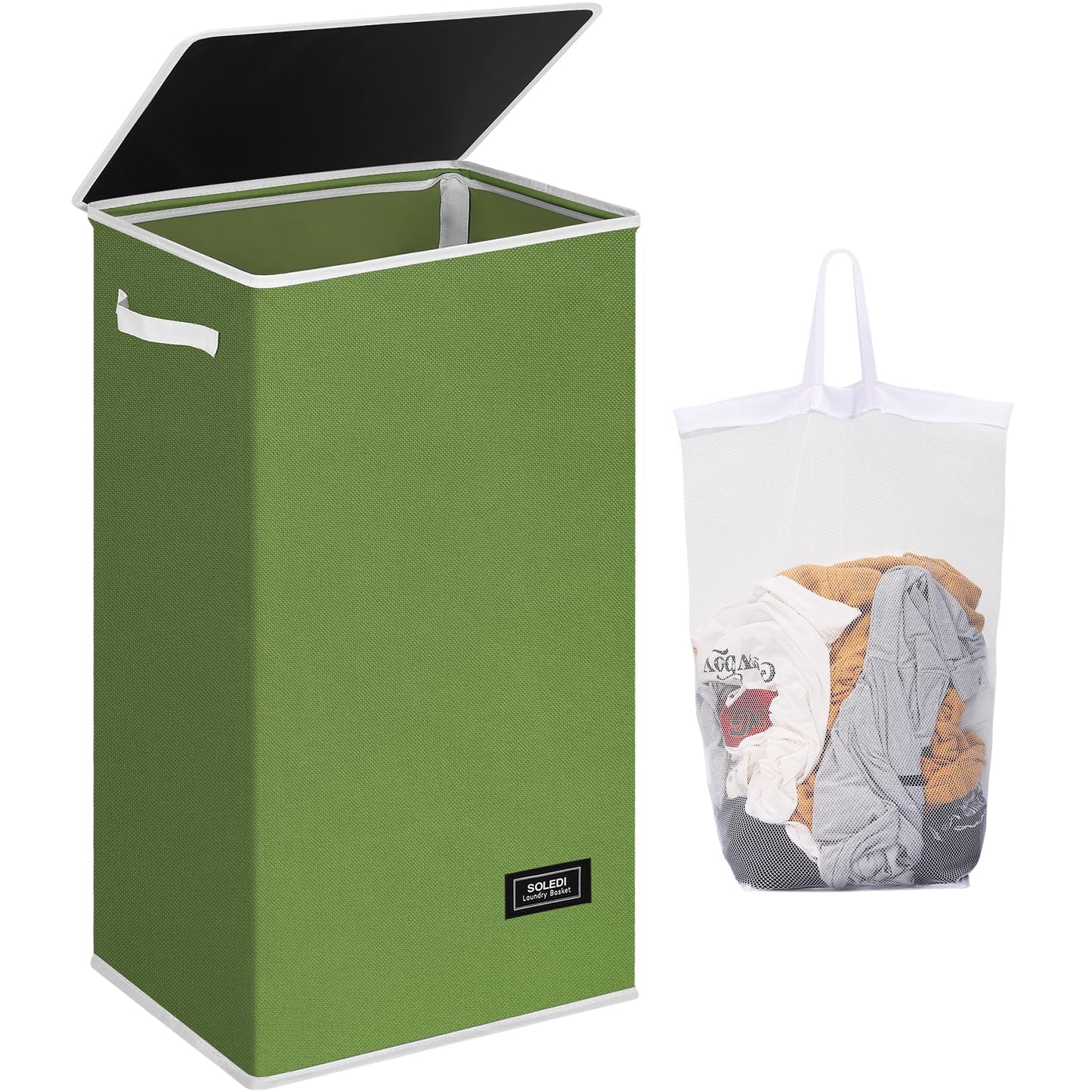 Panier à linge SOLEDI noir avec couvercle et sac amovible - Grand panier à linge pliable de 100 L avec poignée pour le rangement des vêtements et des jouets - Panier à linge sale pour chambre, salle de bain, dortoir 