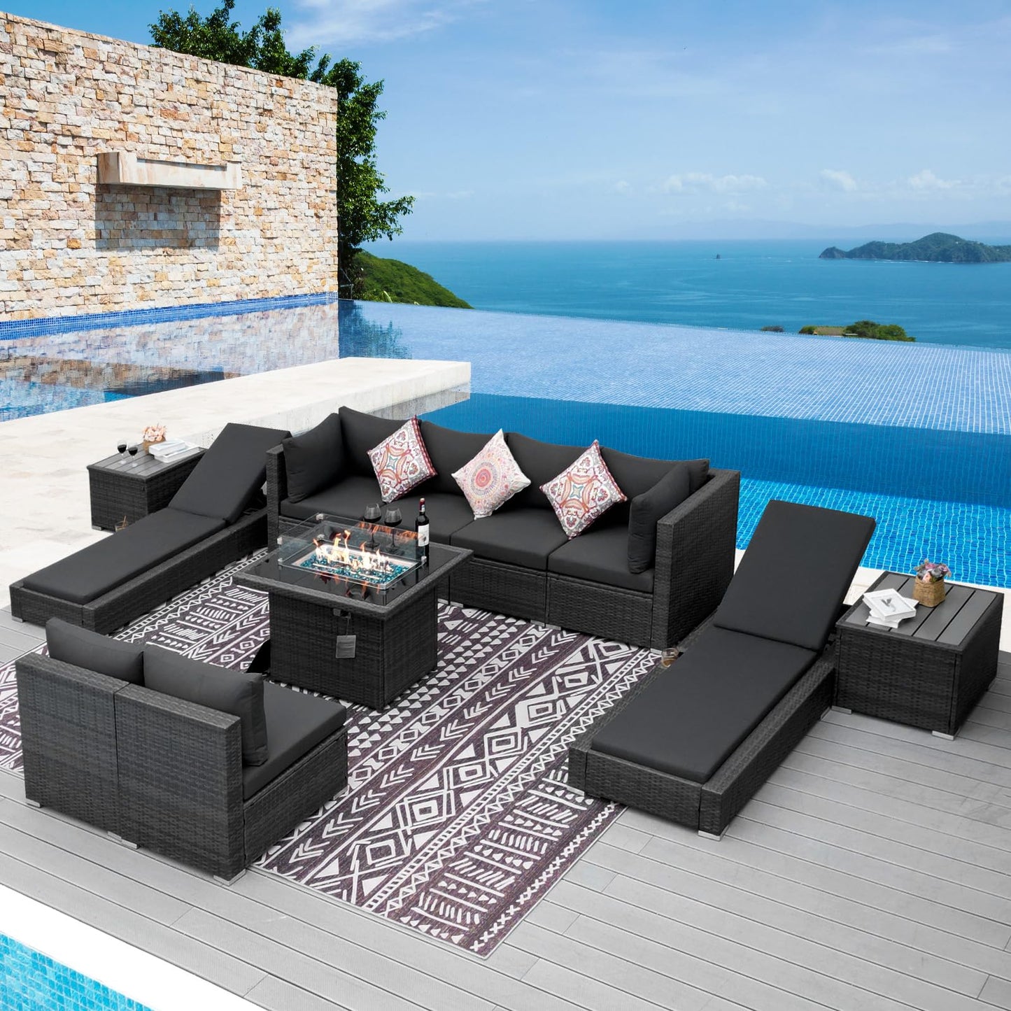 NICESOUL® 13-teiliges großes Luxus-Sofaset für die Terrasse mit Feuerstelle für Erdgas/Propan, 74 cm hohe Rückenlehne, Garten-Sitzgruppe, Gartensofa aus PE-Rattan, dunkelgrau 