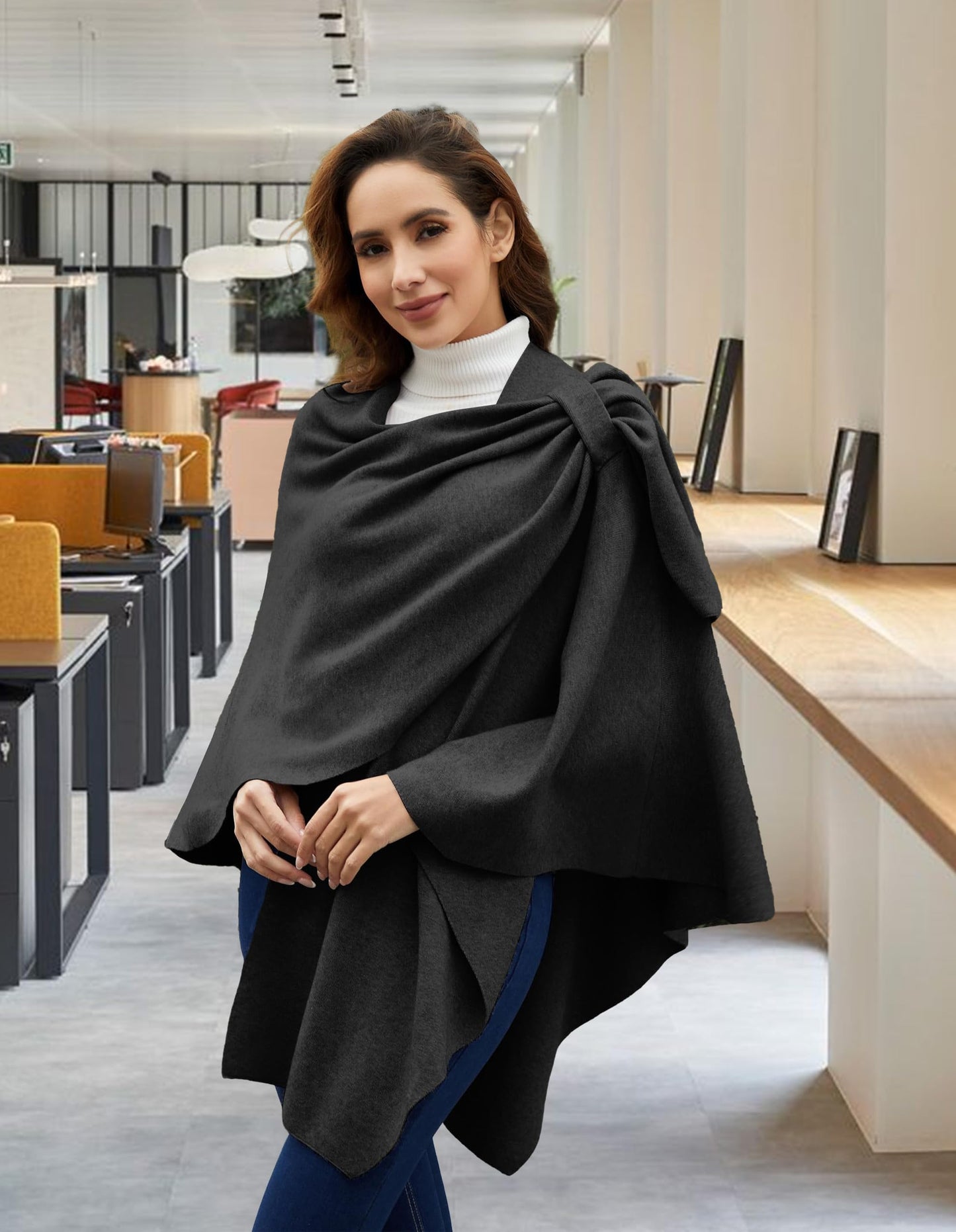 PULI Femmes Grand Poncho Croisé Sur Le Devant Pull Enveloppant Topper Tricoté Élégant Châles Cape pour l'Automne Hiver