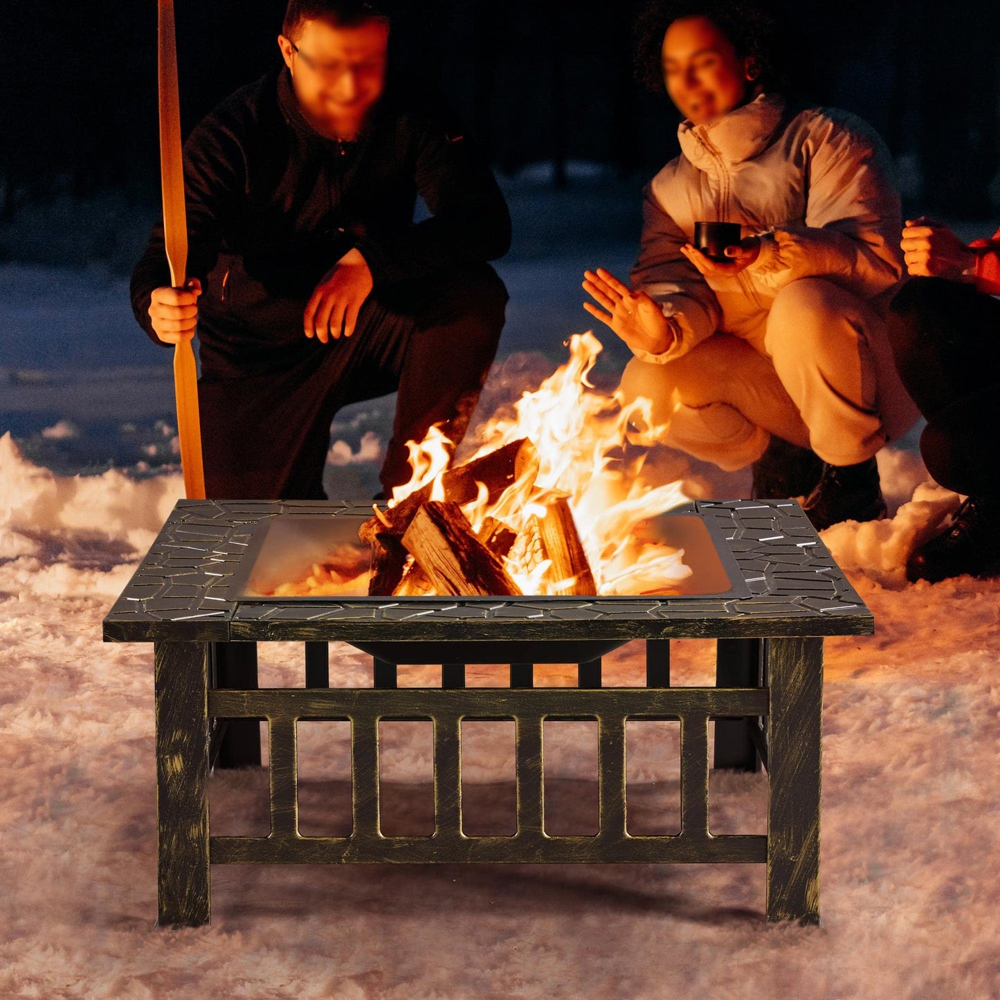 Yaheetech 32in Outdoor Firepit Square Table Backyard Patio Garden Stove Wood Burning Fire Pit with Spark Screen, Log Poker and Cover