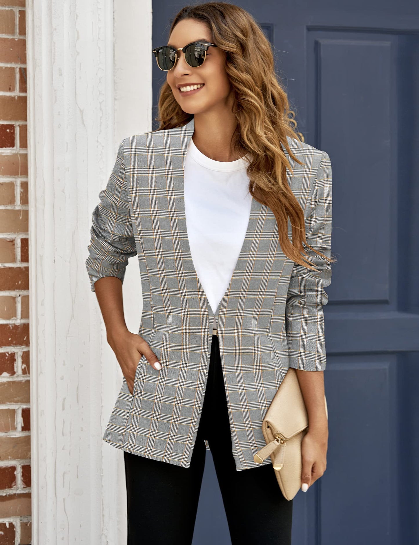 Veste de costume blazer de travail décontractée à poches ouvertes sur le devant pour femme GRAPENT 