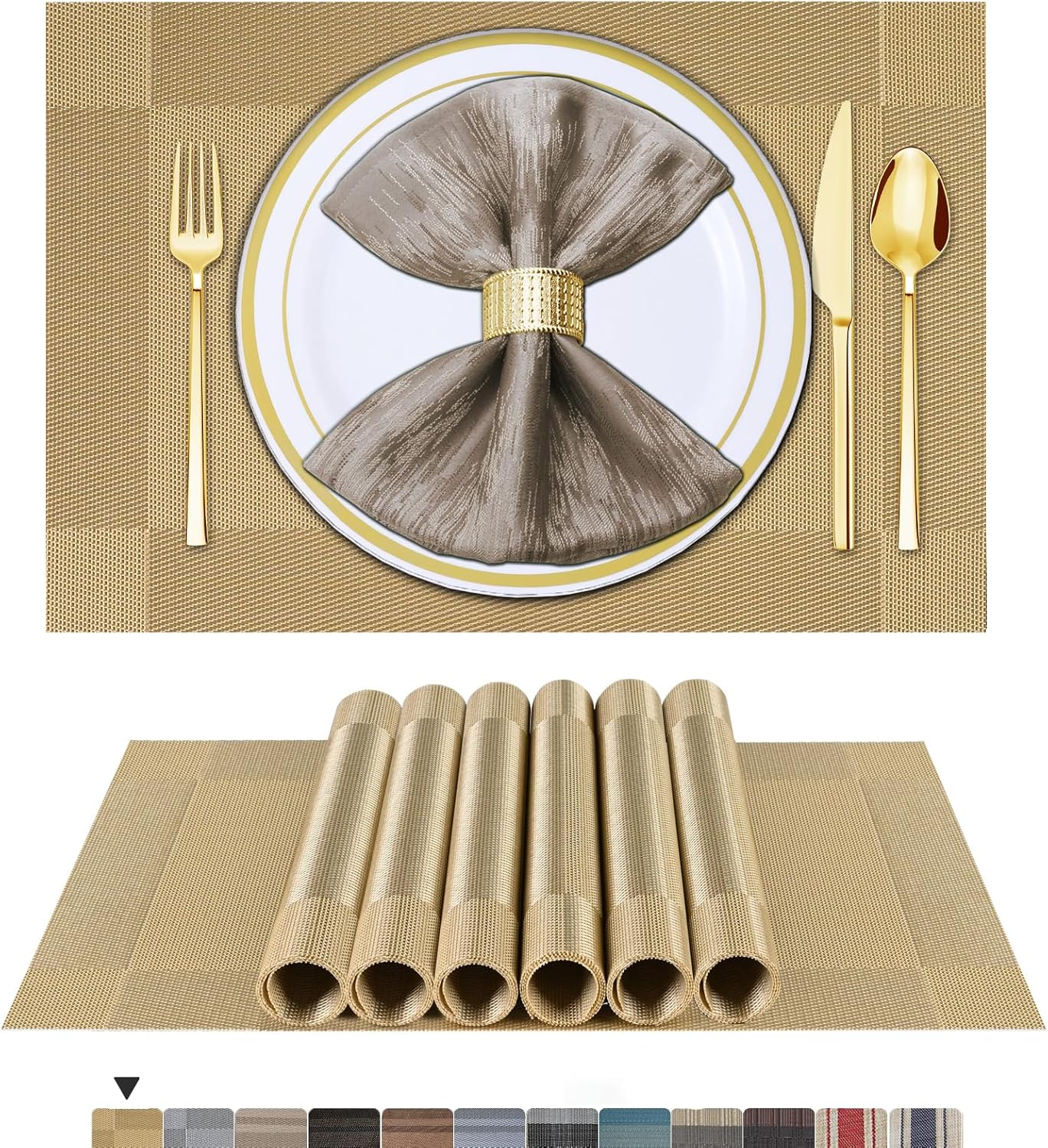 Lot de 6 sets de table en vinyle tissé pour table à manger, lavables et lavables, sets de table de cuisine durables pour intérieur et extérieur, 01 beige, 6 pièces 