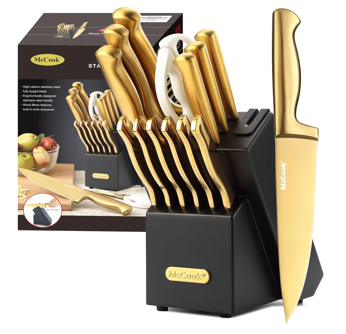 Ensemble de couteaux McCook®, ensemble de couteaux de cuisine en acier inoxydable Golden Titanium avec aiguiseur intégré 