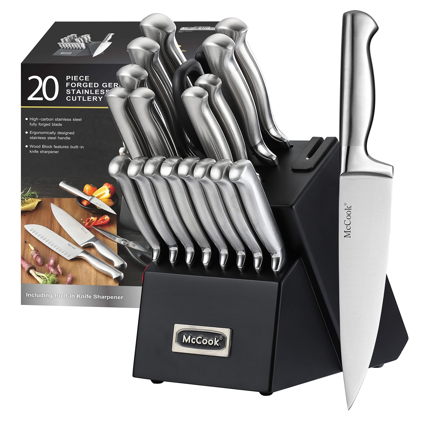 McCook® Knife Sets, Golden Titanium Stainless Steel Kitchen Knife Block Sets with Built-in Sharpener