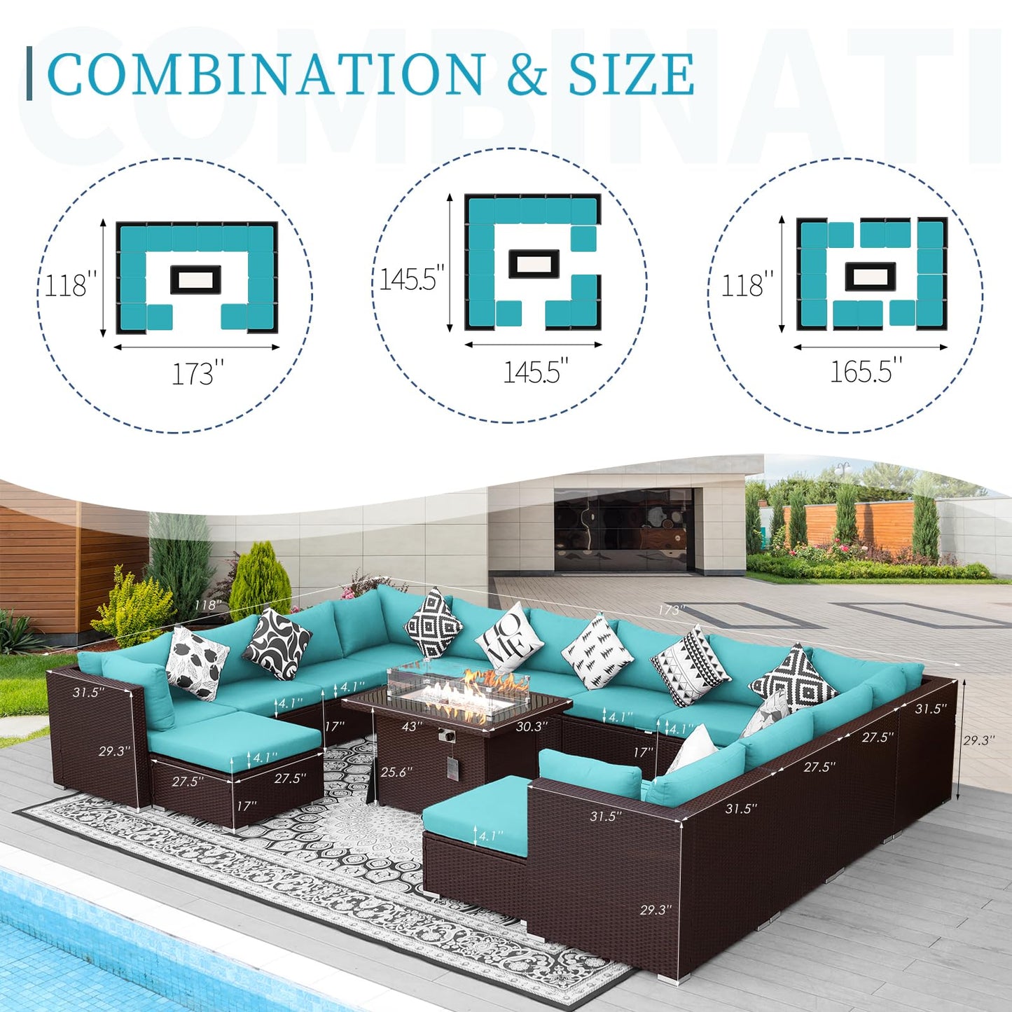 Ensemble de canapé de patio de luxe 13 pièces NICESOUL® avec table de foyer au gaz naturel/propane, ensemble de conversation d'extérieur à dossier haut de 29,3 po, canapé sectionnel extérieur en rotin PE, gris foncé 