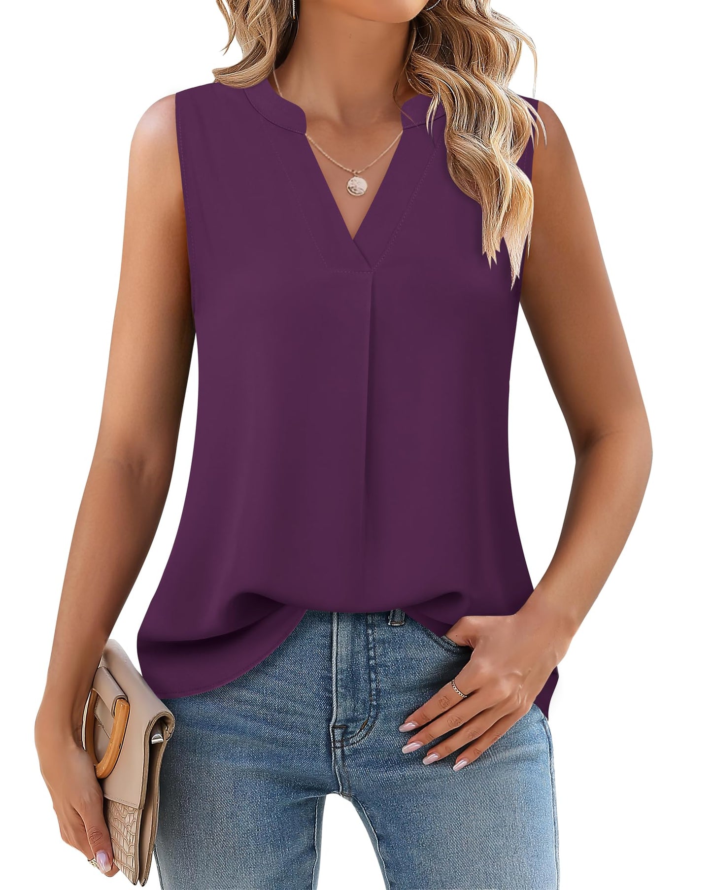 Timeson Women's Chiffon V Neck Sleeveless Blouse Tops Office Work Shirts