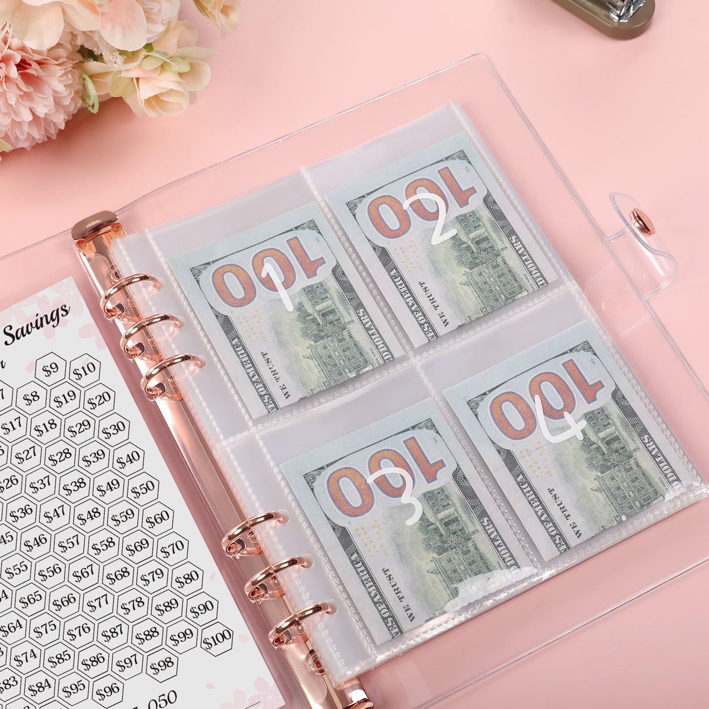 SKYDUE Challenge-Ordner mit 100 Umschlägen, laminiertem 5050-Dollar-Trackerblatt und vornummerierten Taschen (Pink) 