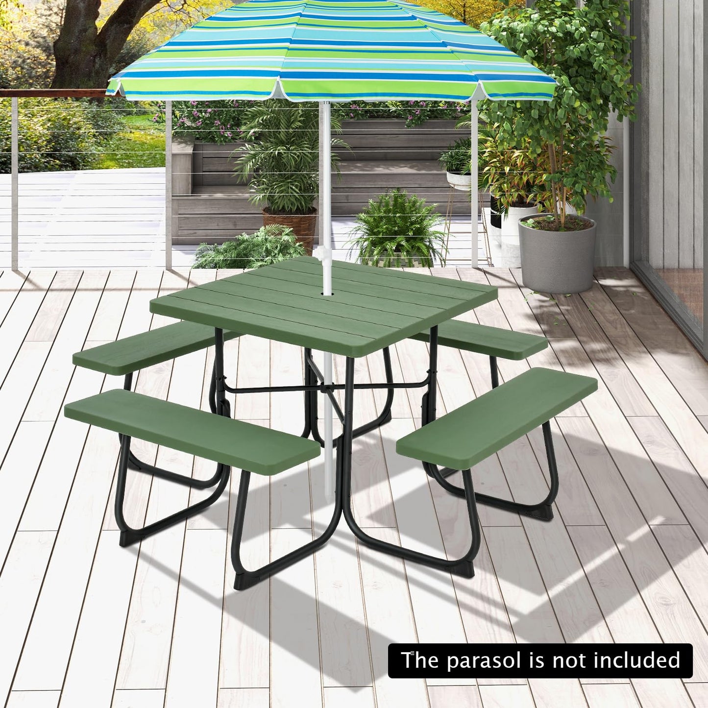 Giantex Picnic Table Set for 4-8 Persons, Outdoor Table and Bench Set with Umbrella Hole, HDPE Top & Metal Frame, 500LBS Capacity, Square Patio Table Bench Set for Deck Backyard Garden (White)