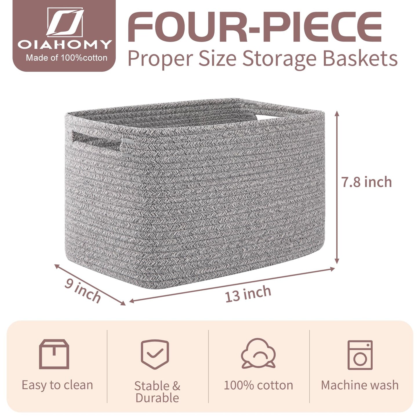 OIAHOMY 4 Pack Storage Baskets for Organizing, Cube Storage Bins for Shelves, Rectangle Storage Baskets With Handles, Woven Baskets for Storage, 12.7''Lx9''Wx7.8''H, Black