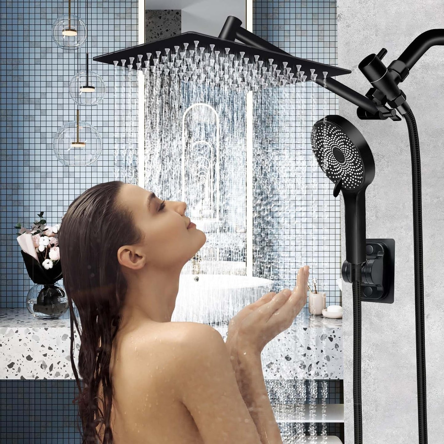 Shower Head,10 Inch Rain Shower Head with Handheld Spray Combo,3 Handheld Water Spray with 60 Inch Long Shower Hose (Sliver)