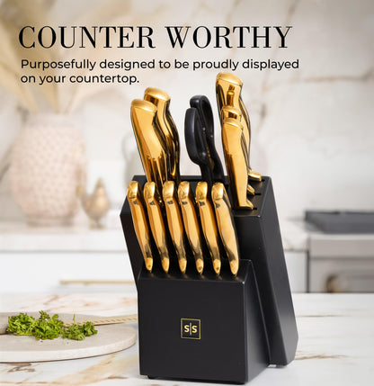 Copper Knife Set with Block - 14 PC Self Sharpening Knife Block Set