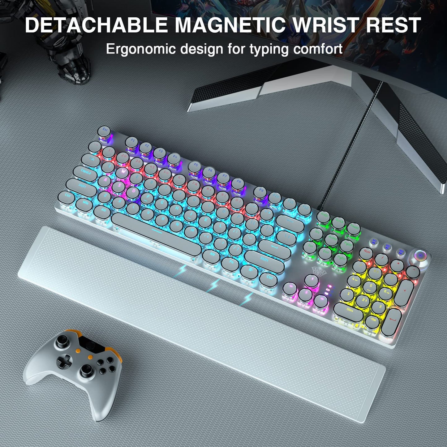 AULA F2088 Mechanical Gaming Keyboard – Blue Switches, Rainbow LED Backlit, Media Knob, Wrist Rest, Retro Typewriter Keycaps, USB Wired