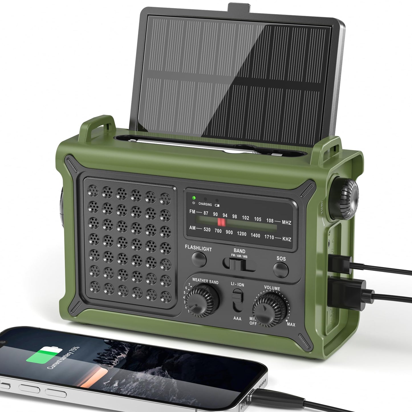 Solar Emergency Weather Radio with Hand Crank, 12000mAh Power Bank, AM/FM/NOAA Radio, Dual USB Phone Charger, SOS & 2-Mode LED Flashlight