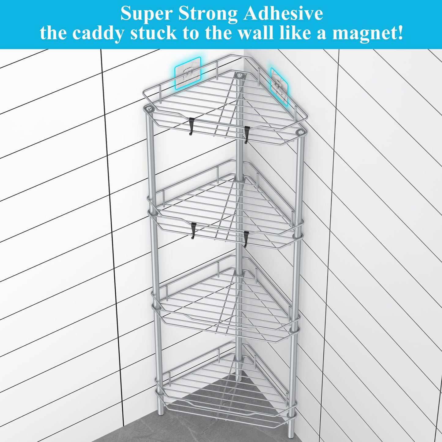 4 Tier Floor Standing Corner Shower Caddy Organizer Shelf with Hooks