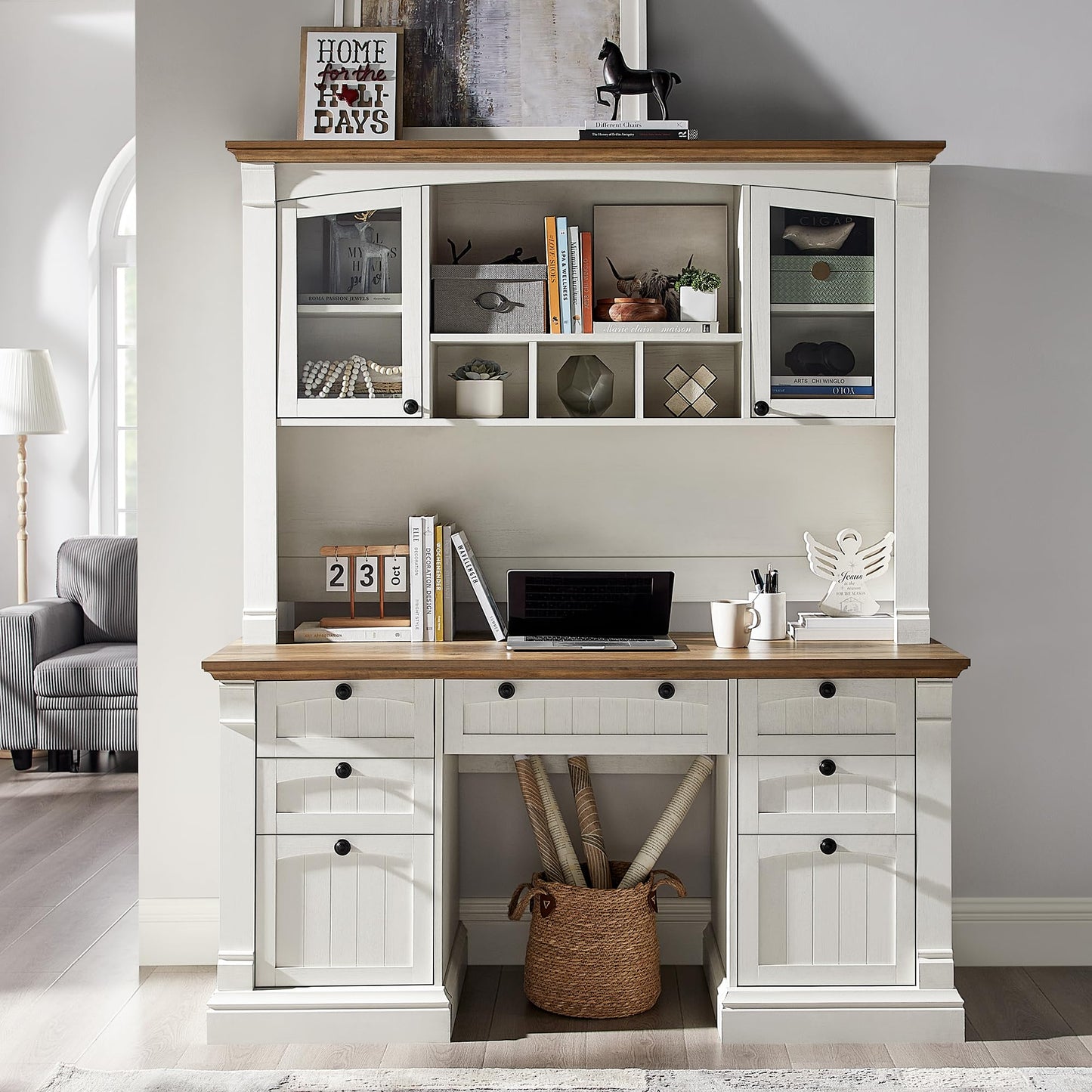 OKD 60" Executive Desk with Drawers, Farmhouse Home Office Desk with Charging Station, Keyboard Tray, File Cabinet Storage, Wood Computer Desk for Work and Study, Antique White