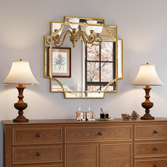 Kelly Miller Gold Framed Mirror for Wall, 26"x26" Gold Square Wall Mirror Vanity Mirror Decorative Mirror Beveled Wall Decor for Bathroom Powder Room Living Room Bedroom Bedside Table Entryway Hallway