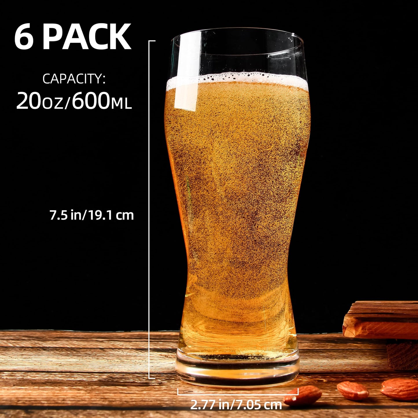 UMEIED 20oz Pilsner Beer Glasses Set of 6, Classic Beer Glass, Large Capacity Beer Cup, Stylish Beer Gifts, Beer Cups and Mugs