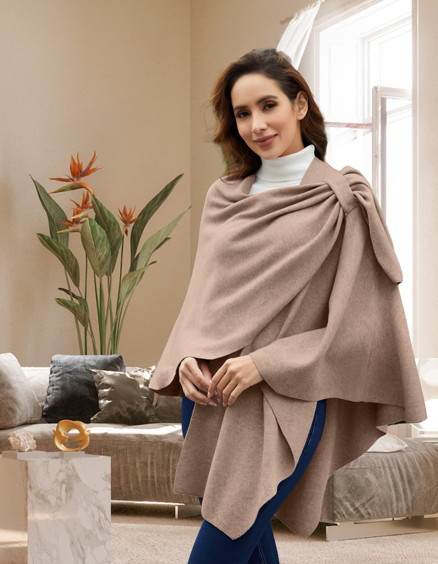 PULI Femmes Grand Poncho Croisé Sur Le Devant Pull Enveloppant Topper Tricoté Élégant Châles Cape pour l'Automne Hiver