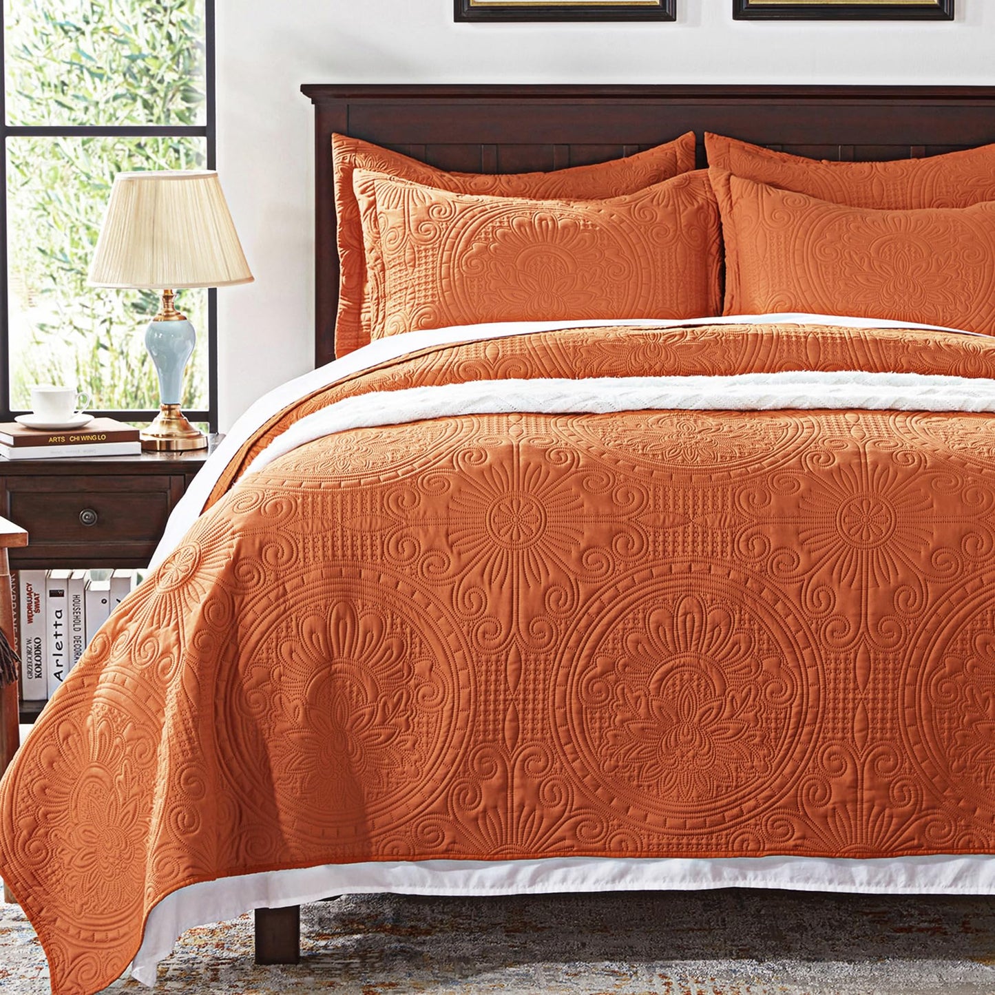 Anluoer Quilt Twin Size Bedding Set-Burnt Orange Embossed, Bedspreads-Lightweight Summer Soft Microfiber Bedspread, Bed Coverlet for All Seasons (1 Quilt, 1 Pillow Sham)