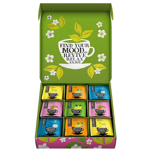 Clipper Tea : Coffret cadeau de thés verts et à base de plantes biologiques – Sélection et échantillon de thés avec 5 saveurs, dont citron, gingembre et thés du soir – Sachets de thé assortis dans une boîte à thé colorée, 45 sachets de thé non blanchis 