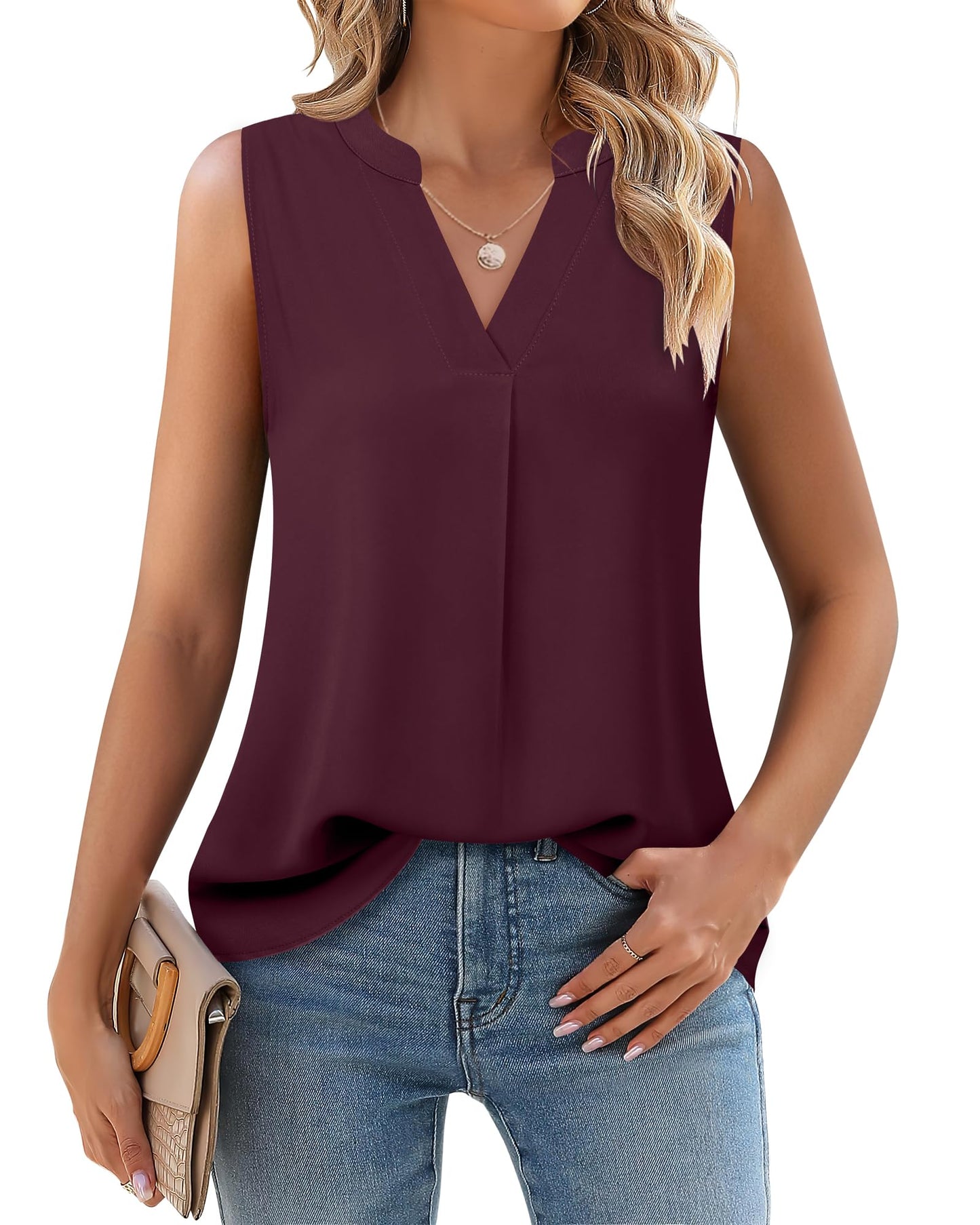 Timeson Women's Chiffon V Neck Sleeveless Blouse Tops Office Work Shirts