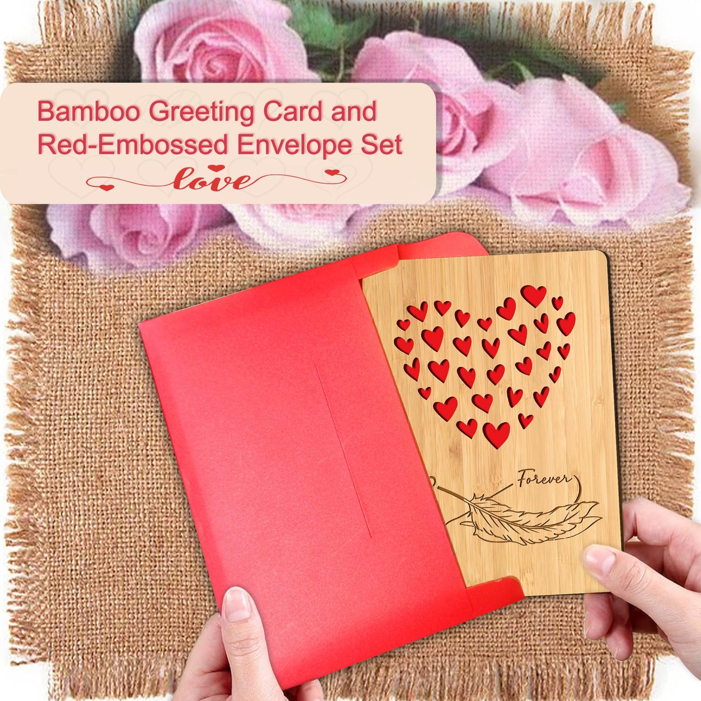 Cartes de vœux en bois de bambou faites à la main avec des cœurs Amour pour femme mari petite amie elle lui amis anniversaire mariage utilisation durable 