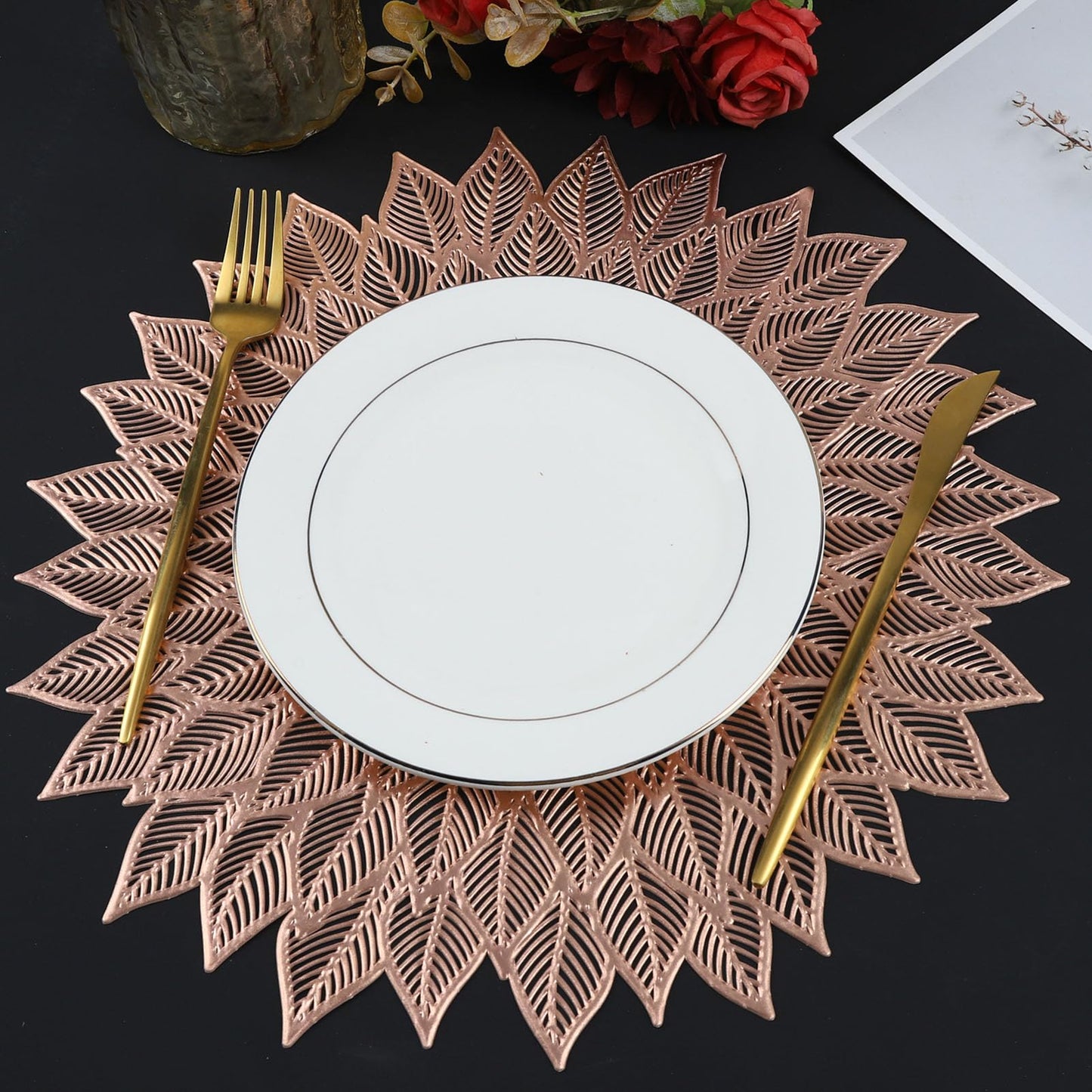 Placemats Set of 6, Round Hollow Out Flowers Place Mats for Dining Table Pressed Vinyl Blooming Leaf Table Mats for Holiday Party Wedding Accent Centerpiece Dinner Table Decoration (Gold)