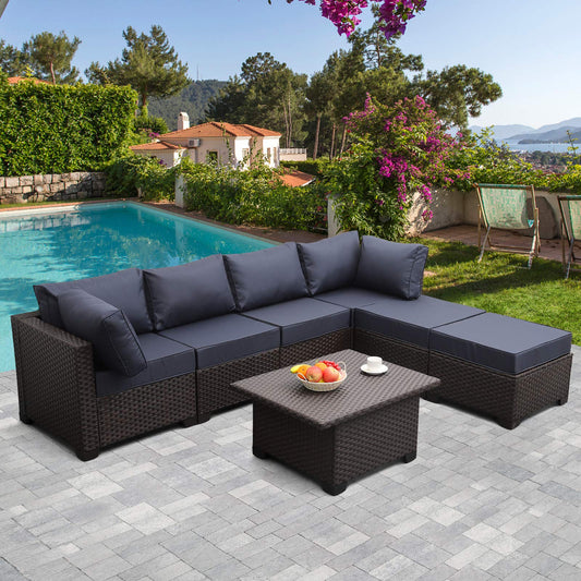 Outdoor Patio Dark Brown Rattan 7 Piece Sectional Set PE Wicker Conversation Sofa with Liftable Storage Table Non-Slip 5" Thick Royal Blue Cushion and Furniture Cover