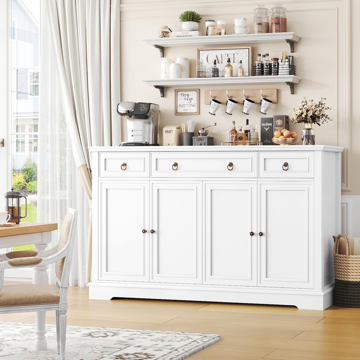 Buffet FINETONES avec rangement, grand buffet de 55,1 po, armoire de cuisine blanche avec 3 tiroirs et 4 portes, armoire de bar à café en bois pour cuisine et salle à manger, blanc 