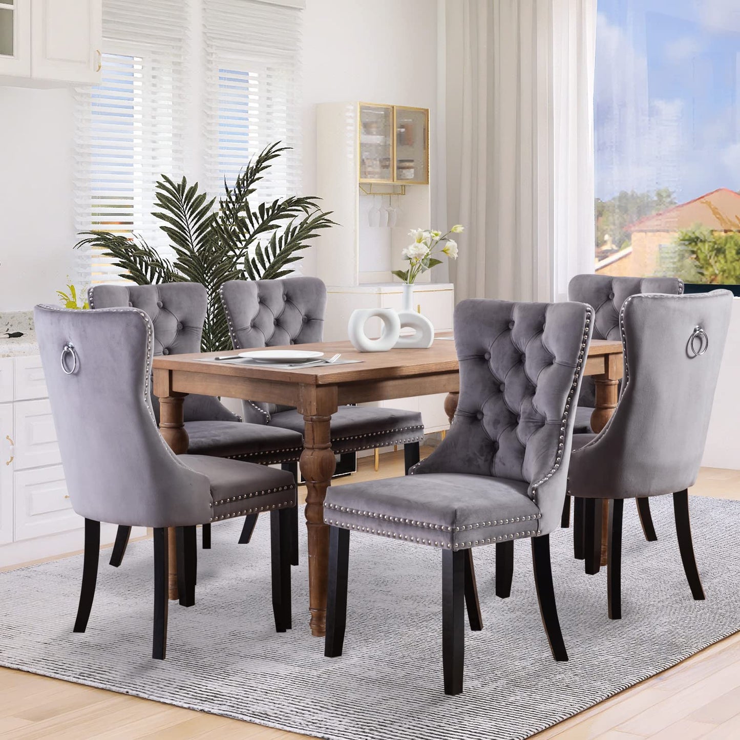 SoarFlash Leather Dining Chairs Set of 8, Tall Back Side Chair, Modern Upholstered Side Chair with Button Back Ring, Solid Wood Legs (Black&Grey)