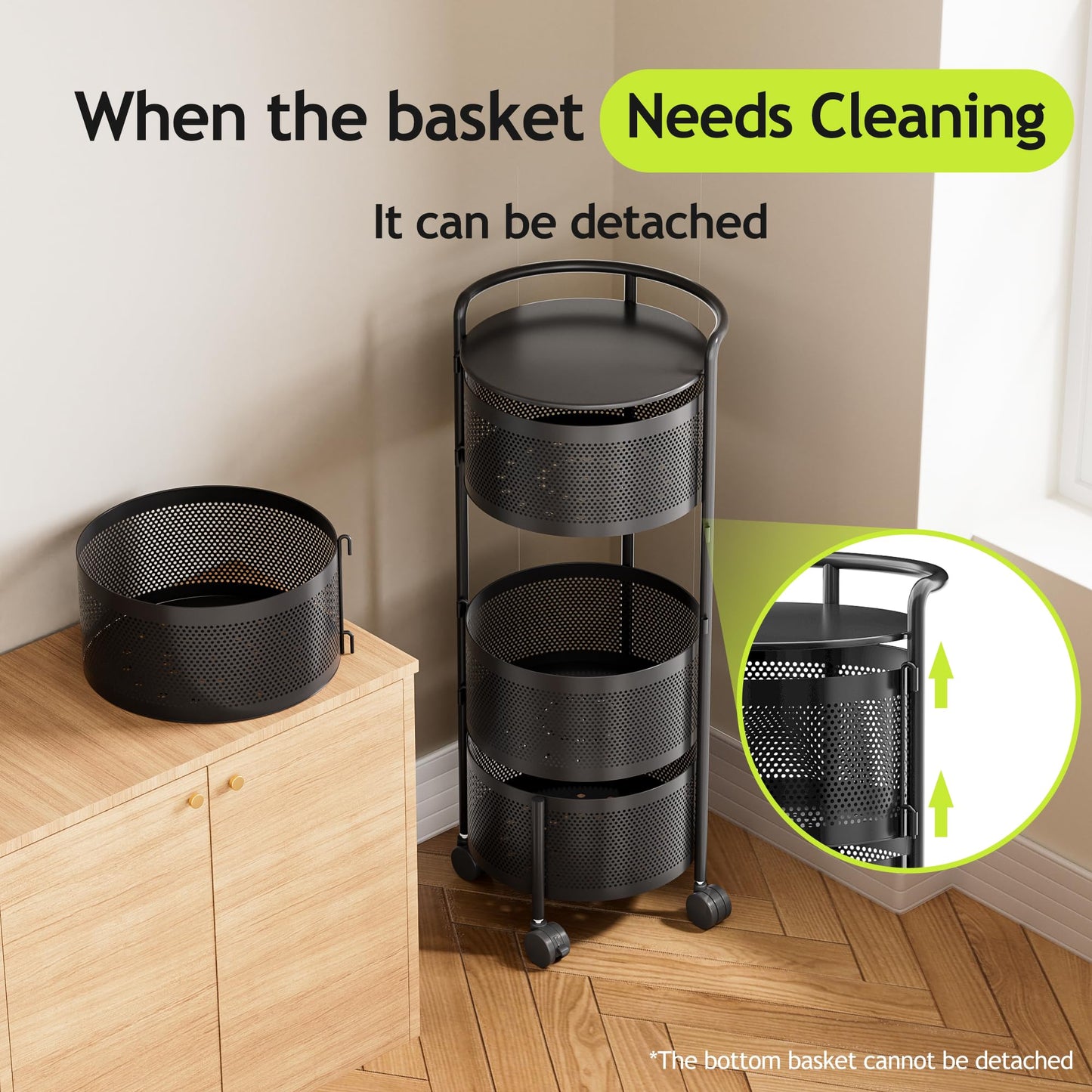 No Assembly Required Vegetable Storage Rack, 4-Tier Rotating Fruit Basket with Wheels, Heavy Duty Carbon Steel Kitchen Storage Cart