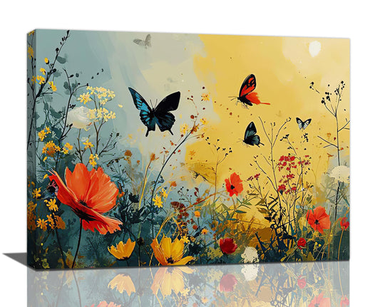 Wildflower Butterfly Wall Art Country Field Froral Pictures Wall Decor Vintage Landscape Painting Artwork Modern Home Decoration for Bathroom Kitchen Office Framed 12x16 inch